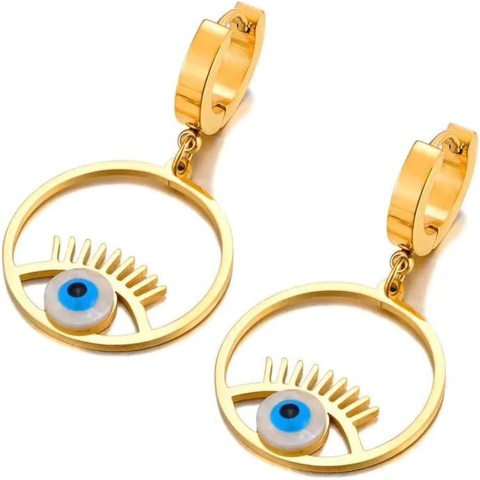 Women's Gold Plated Stainless Steel Huggie Hoop Earrings with Dangling Blue Evil Eye Shell Charm, 20mm x 15mm