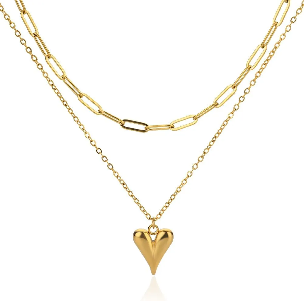 Women's Gold Tone Stainless Steel Layered Necklace, Puffy Heart Pendant and Paperclip Chain