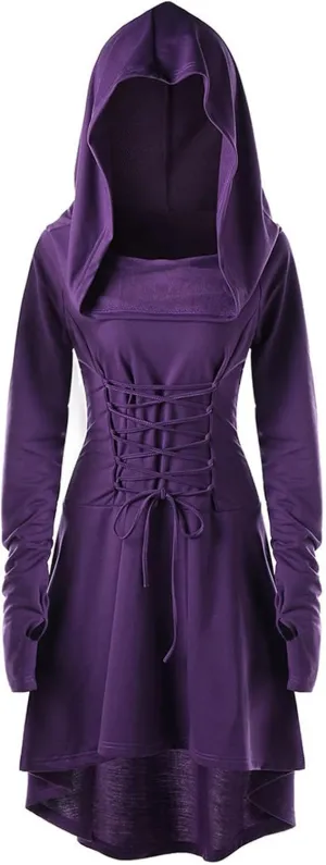 Women's Gothic Top Plus Size Knitted Halloween Vampires Witch Cloak Long Sleeve Sweatshirts Hoodies High Low Hem Dress