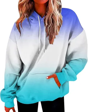 Womens Gradient Print Oversized Sweatshirt Drawstring Pullover with Pocket Trendy Sweater Tops Fashion Clothes