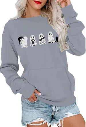 Womens Halooween Sweatshirt Regular Fit Cute Graphic Long Sleeve Crewneck Pullover Tunics Casual Fall Lightweight Top