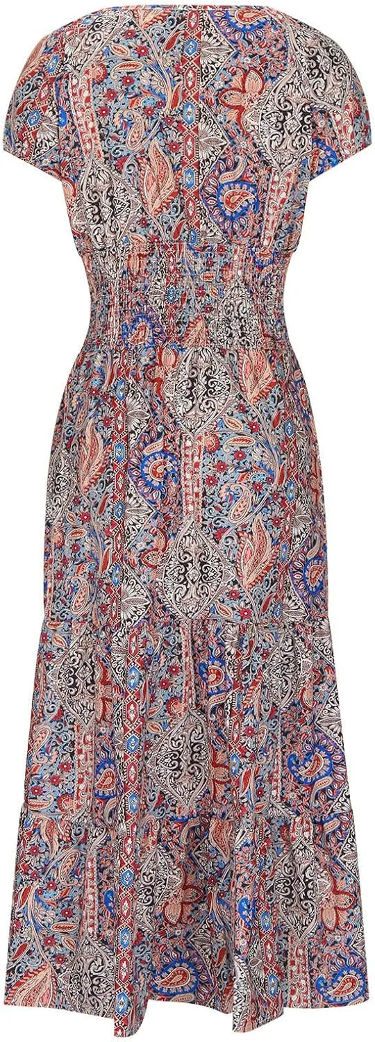 Women's Hawaiian Beach Maxi Dress Fashion Boho Print Dress Summer Casual Short Sleeve Dress Vacation Flowy Long Dress