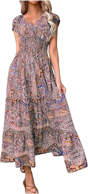 Women's Hawaiian Beach Maxi Dress Fashion Boho Print Dress Summer Casual Short Sleeve Dress Vacation Flowy Long Dress