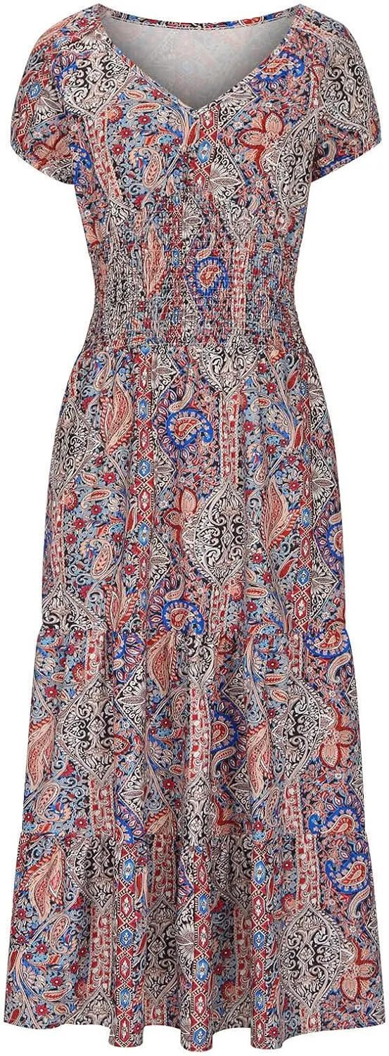 Women's Hawaiian Beach Maxi Dress Fashion Boho Print Dress Summer Casual Short Sleeve Dress Vacation Flowy Long Dress