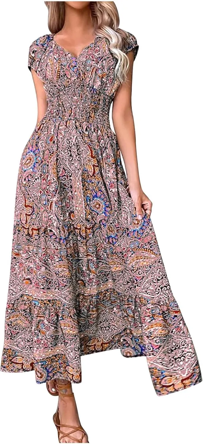Women's Hawaiian Beach Maxi Dress Fashion Boho Print Dress Summer Casual Short Sleeve Dress Vacation Flowy Long Dress