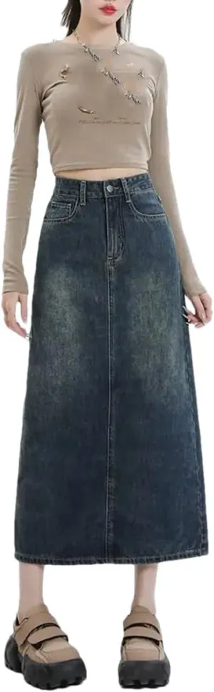 Women's High-Waisted Jean Skirt Buttons Split Slimming Half Skirts