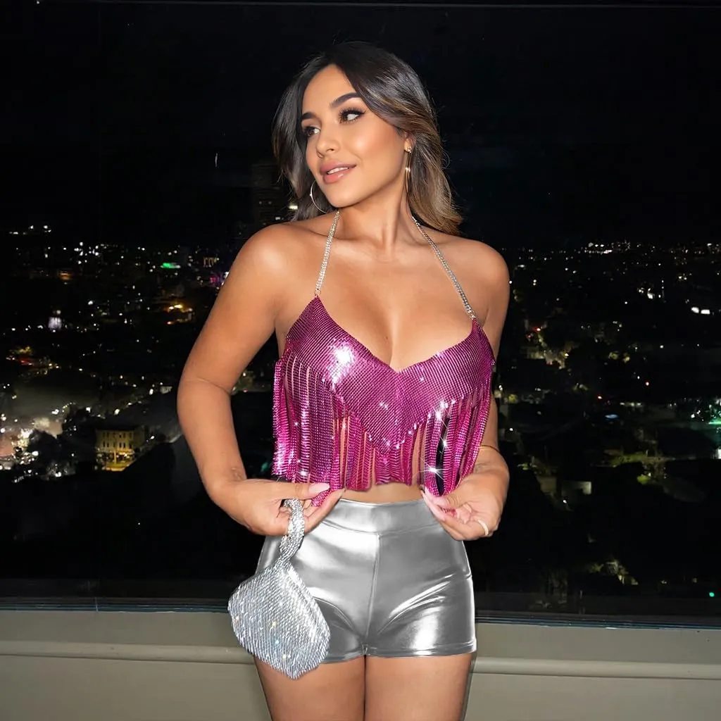 Women's High Waisted Metallic Booty Shorts Rave Bottoms for Dancing Hot Pants Clubwear