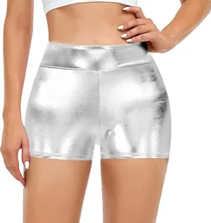 Women's High Waisted Metallic Booty Shorts Rave Bottoms for Dancing Hot Pants Clubwear