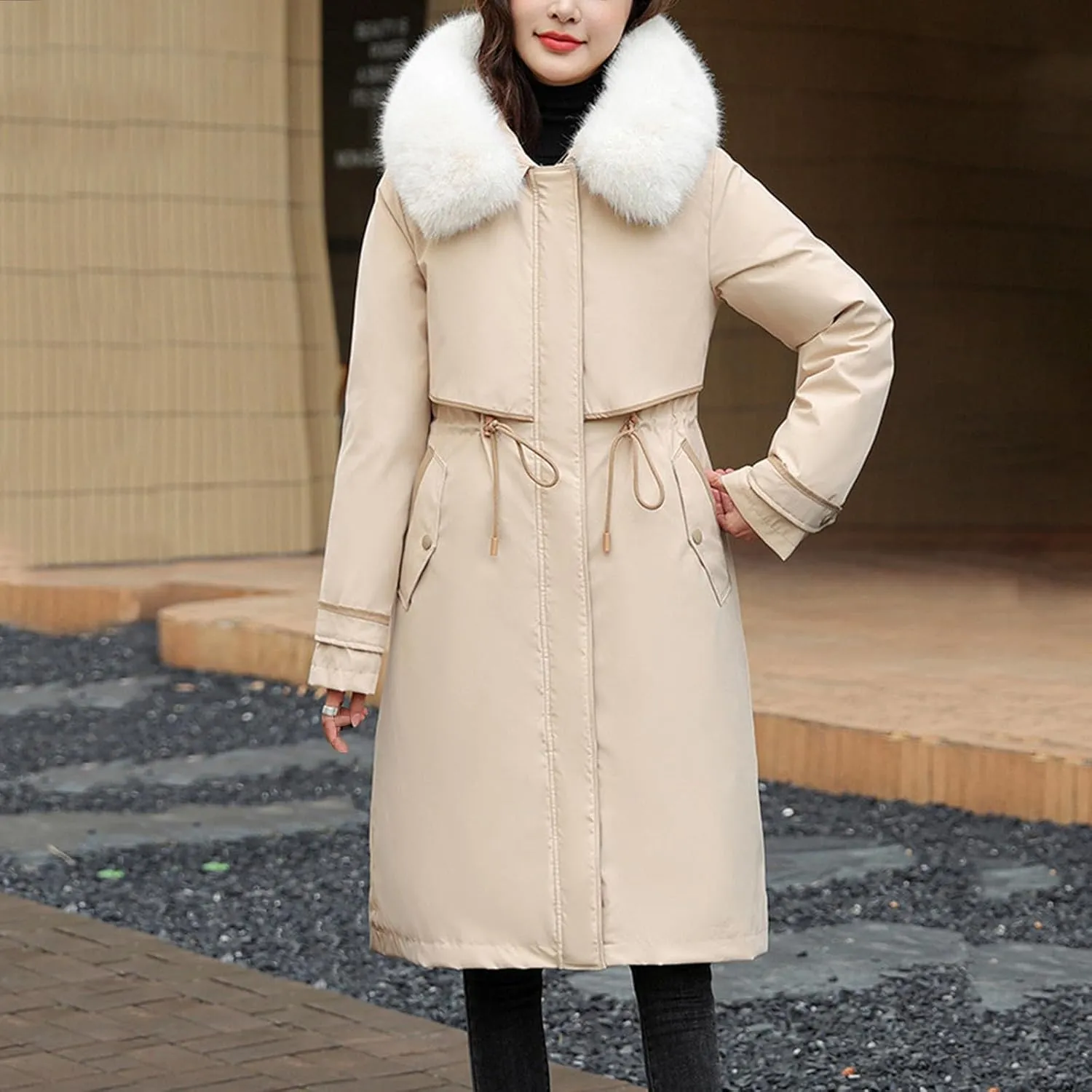 Womens Hooded Parka Puffer Jacket Thicken Cotton Padded Winter Coats Drawstring Long Down Outwear with Faux Fur Trimmed