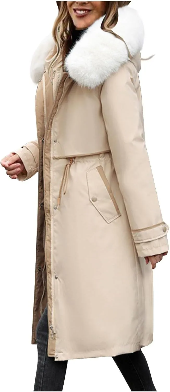 Womens Hooded Parka Puffer Jacket Thicken Cotton Padded Winter Coats Drawstring Long Down Outwear with Faux Fur Trimmed