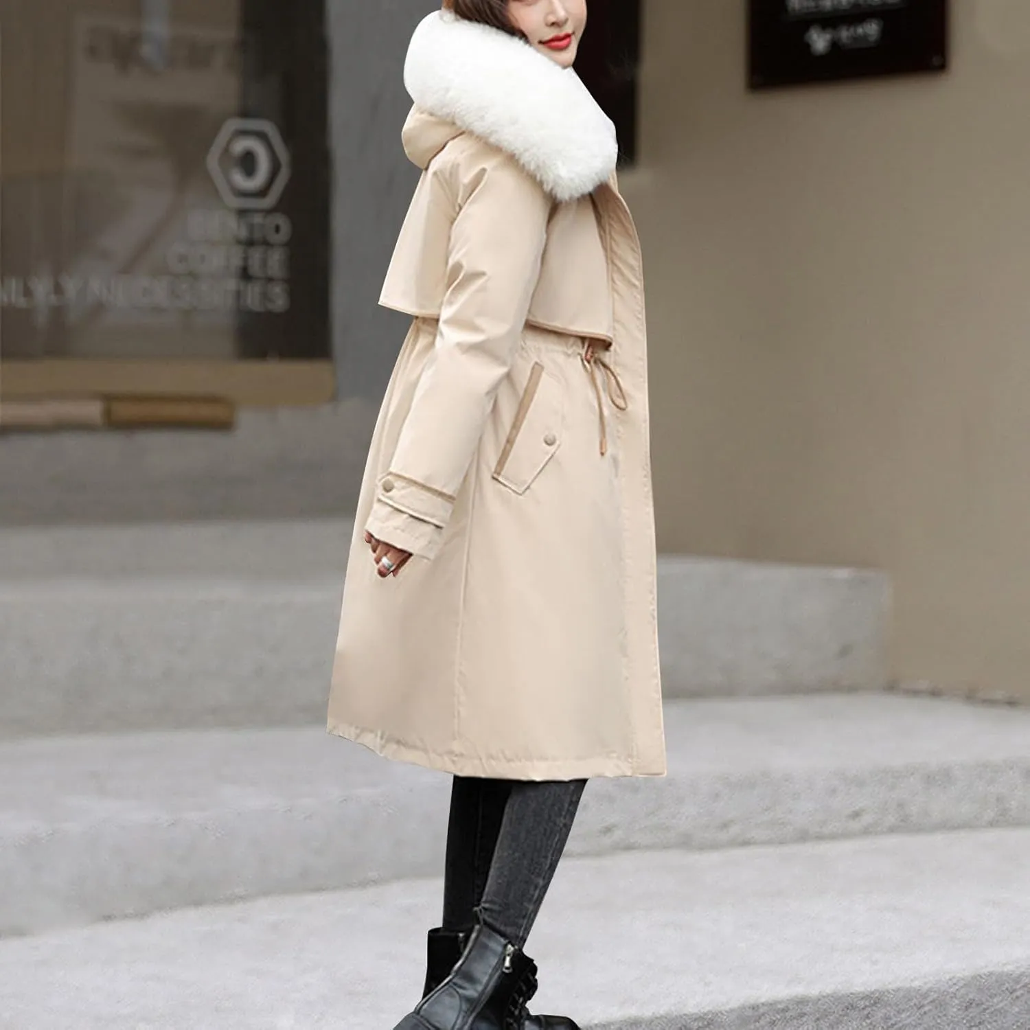 Womens Hooded Parka Puffer Jacket Thicken Cotton Padded Winter Coats Drawstring Long Down Outwear with Faux Fur Trimmed