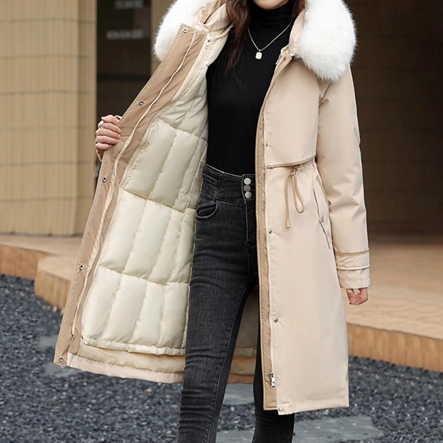 Womens Hooded Parka Puffer Jacket Thicken Cotton Padded Winter Coats Drawstring Long Down Outwear with Faux Fur Trimmed