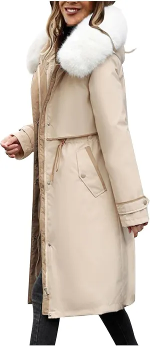 Womens Hooded Parka Puffer Jacket Thicken Cotton Padded Winter Coats Drawstring Long Down Outwear with Faux Fur Trimmed