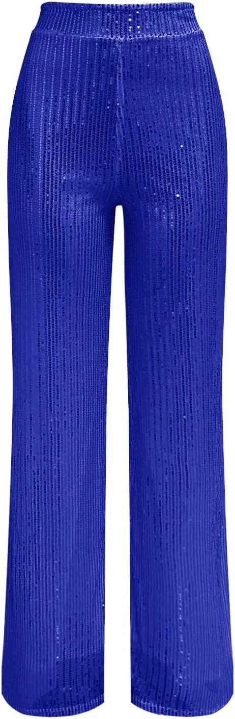 Women's Joggers Pants Pockets Women's High Waisted Sequin Loose Drape Wide Leg Pants Fashion Party Flared Trousers