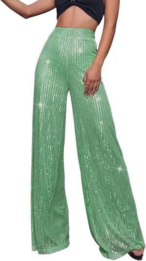 Women's Joggers Pants Pockets Women's High Waisted Sequin Loose Drape Wide Leg Pants Fashion Party Flared Trousers