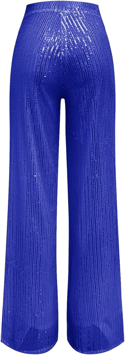 Women's Joggers Pants Pockets Women's High Waisted Sequin Loose Drape Wide Leg Pants Fashion Party Flared Trousers
