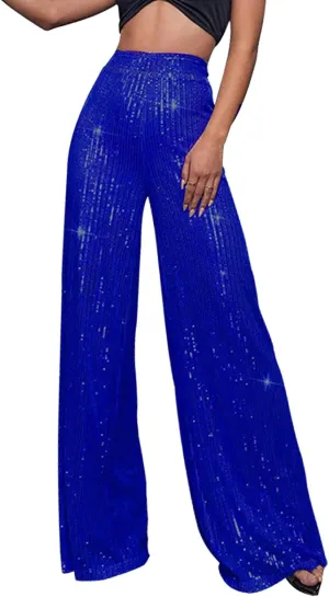Women's Joggers Pants Pockets Women's High Waisted Sequin Loose Drape Wide Leg Pants Fashion Party Flared Trousers