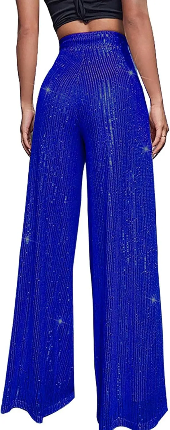 Women's Joggers Pants Pockets Women's High Waisted Sequin Loose Drape Wide Leg Pants Fashion Party Flared Trousers
