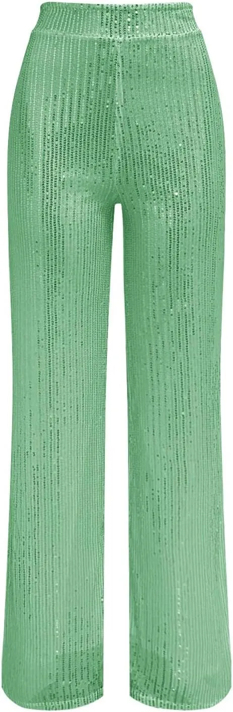 Women's Joggers Pants Pockets Women's High Waisted Sequin Loose Drape Wide Leg Pants Fashion Party Flared Trousers