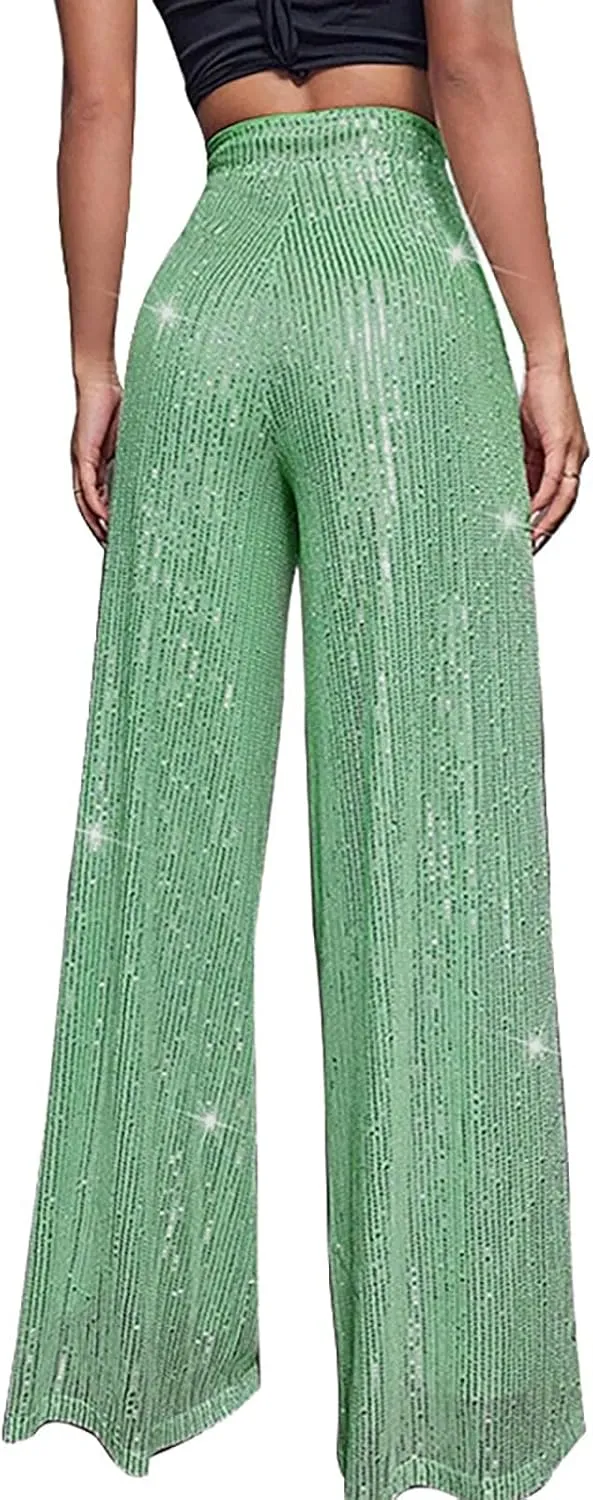 Women's Joggers Pants Pockets Women's High Waisted Sequin Loose Drape Wide Leg Pants Fashion Party Flared Trousers