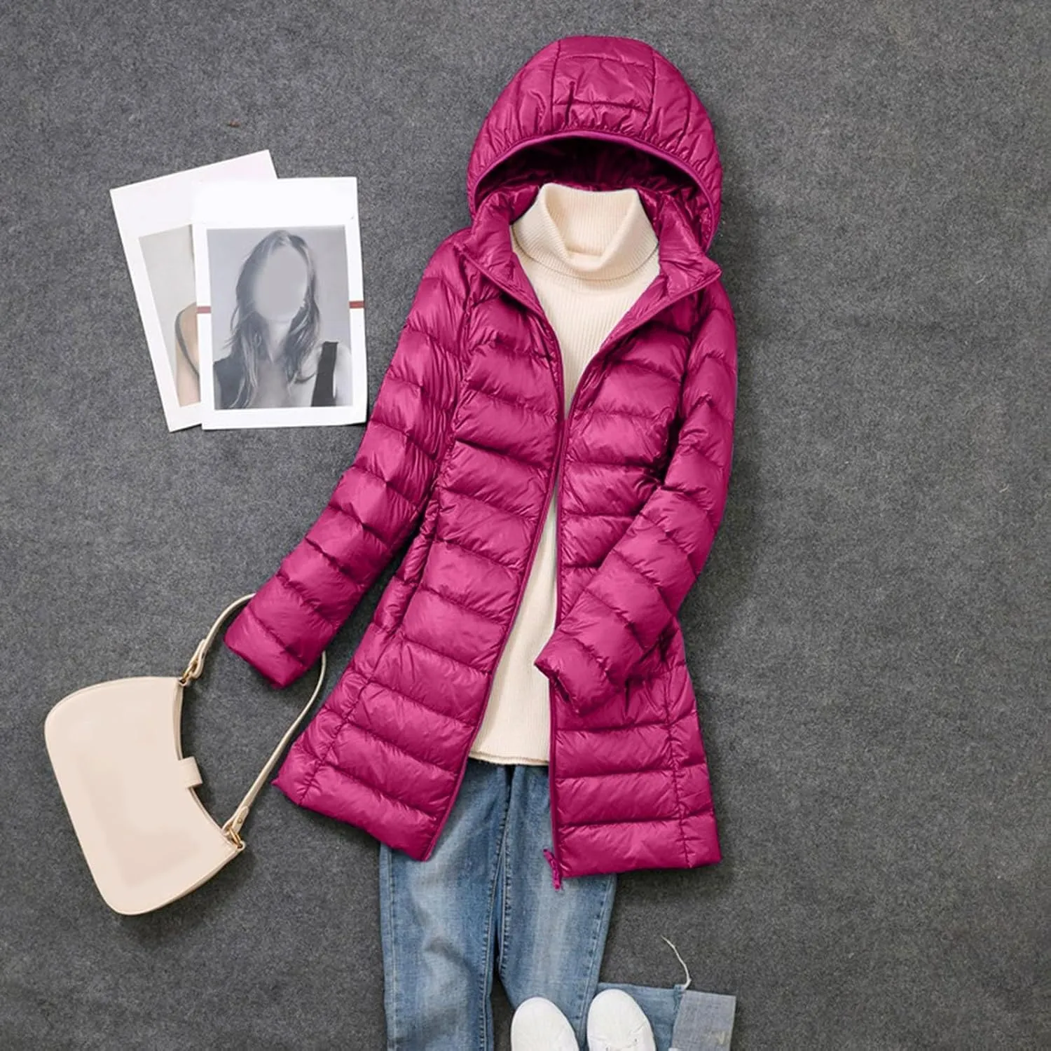 Women's Lightweight Hooded Down Jacket Winter Warm Packable Puffer Insulated Coats Slim Fit Mid Length Down Coat