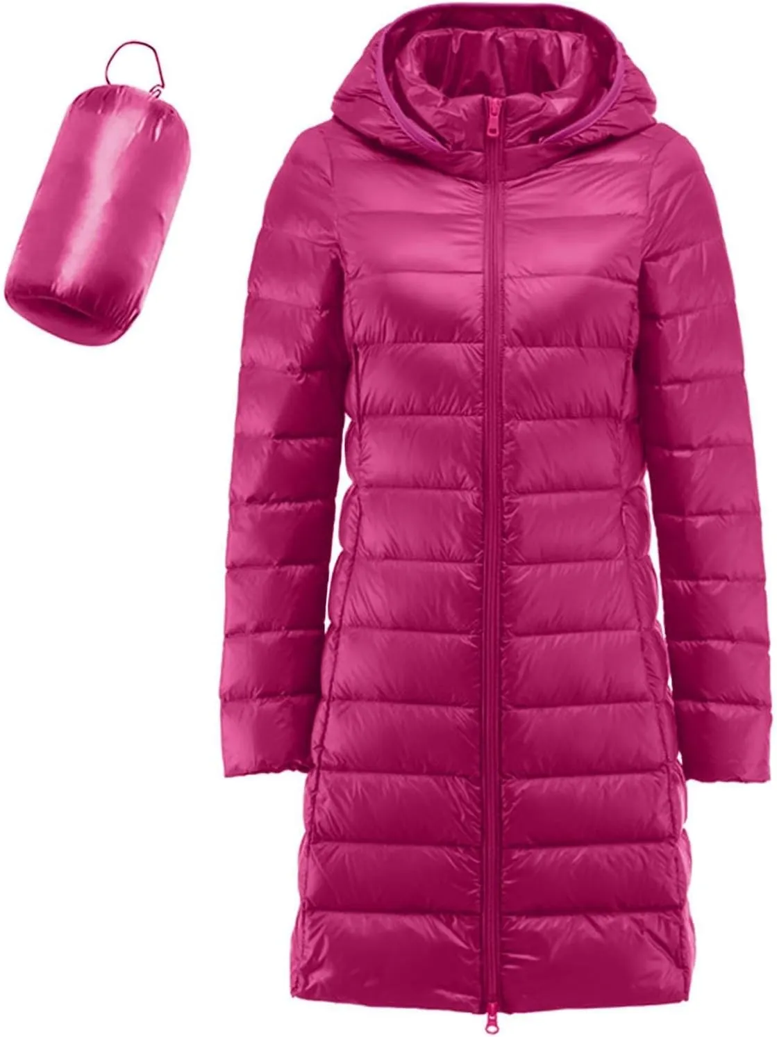 Women's Lightweight Hooded Down Jacket Winter Warm Packable Puffer Insulated Coats Slim Fit Mid Length Down Coat