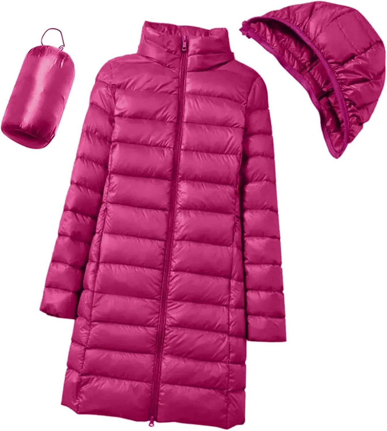 Women's Lightweight Hooded Down Jacket Winter Warm Packable Puffer Insulated Coats Slim Fit Mid Length Down Coat