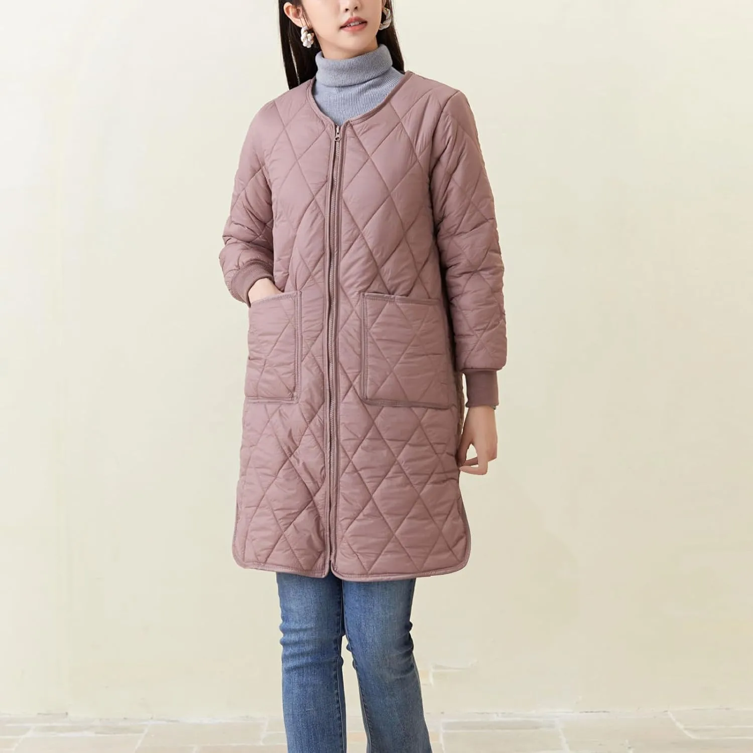 Womens Lightweight Quilted Jacket Winter Warm Fleece Mid-Length Cotton Padded Puffer Coats Collarless Split Hem Outwear