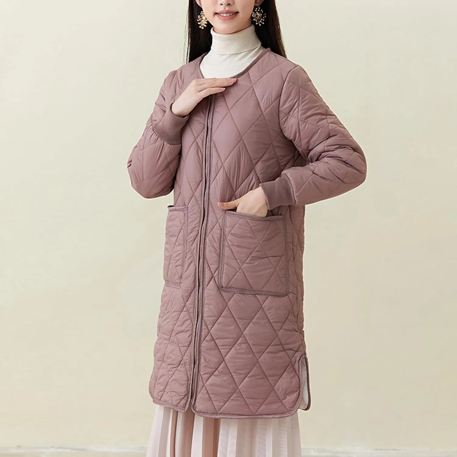 Womens Lightweight Quilted Jacket Winter Warm Fleece Mid-Length Cotton Padded Puffer Coats Collarless Split Hem Outwear