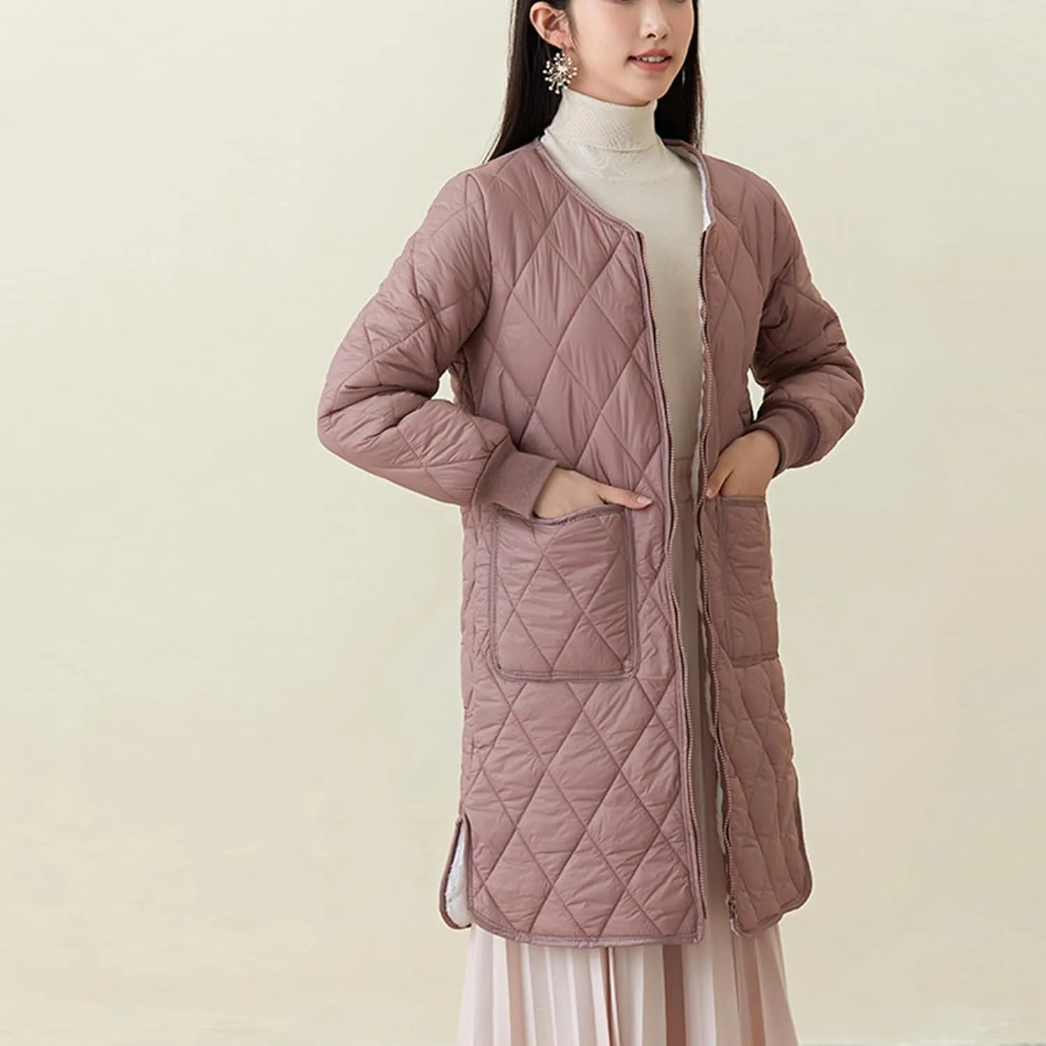 Womens Lightweight Quilted Jacket Winter Warm Fleece Mid-Length Cotton Padded Puffer Coats Collarless Split Hem Outwear