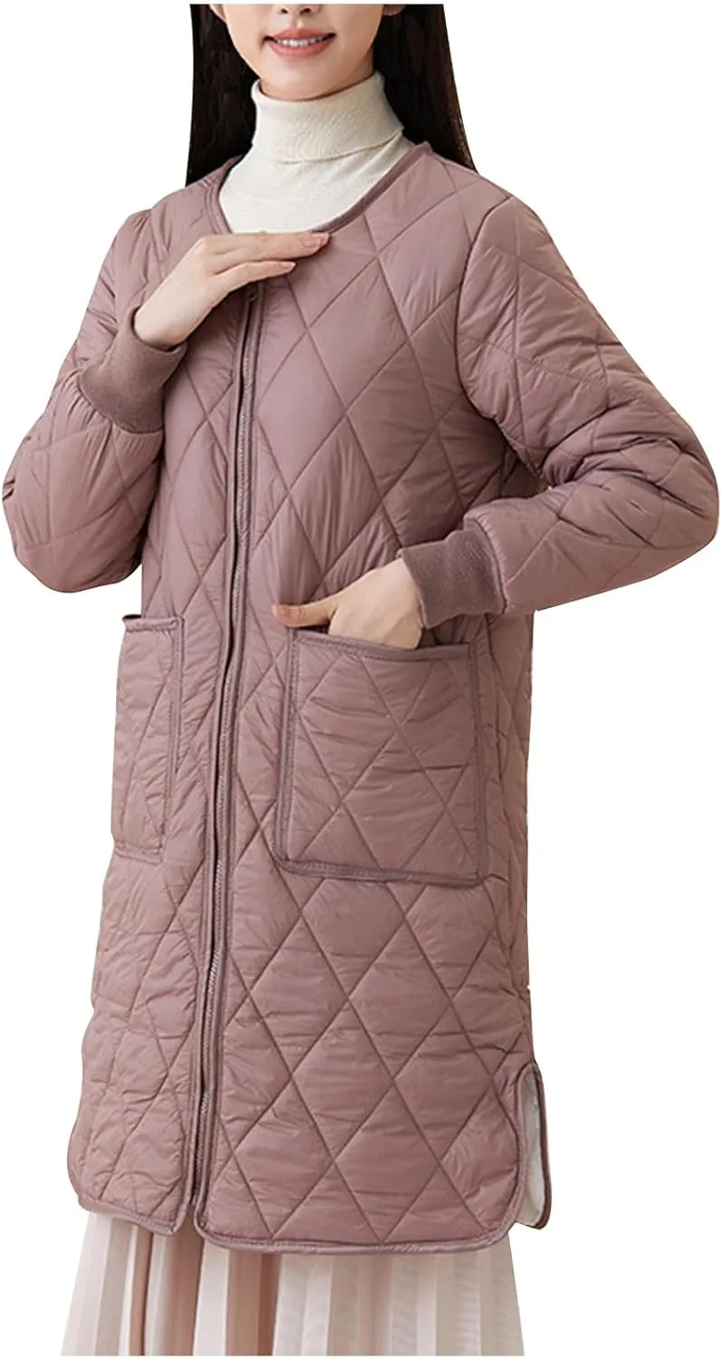 Womens Lightweight Quilted Jacket Winter Warm Fleece Mid-Length Cotton Padded Puffer Coats Collarless Split Hem Outwear