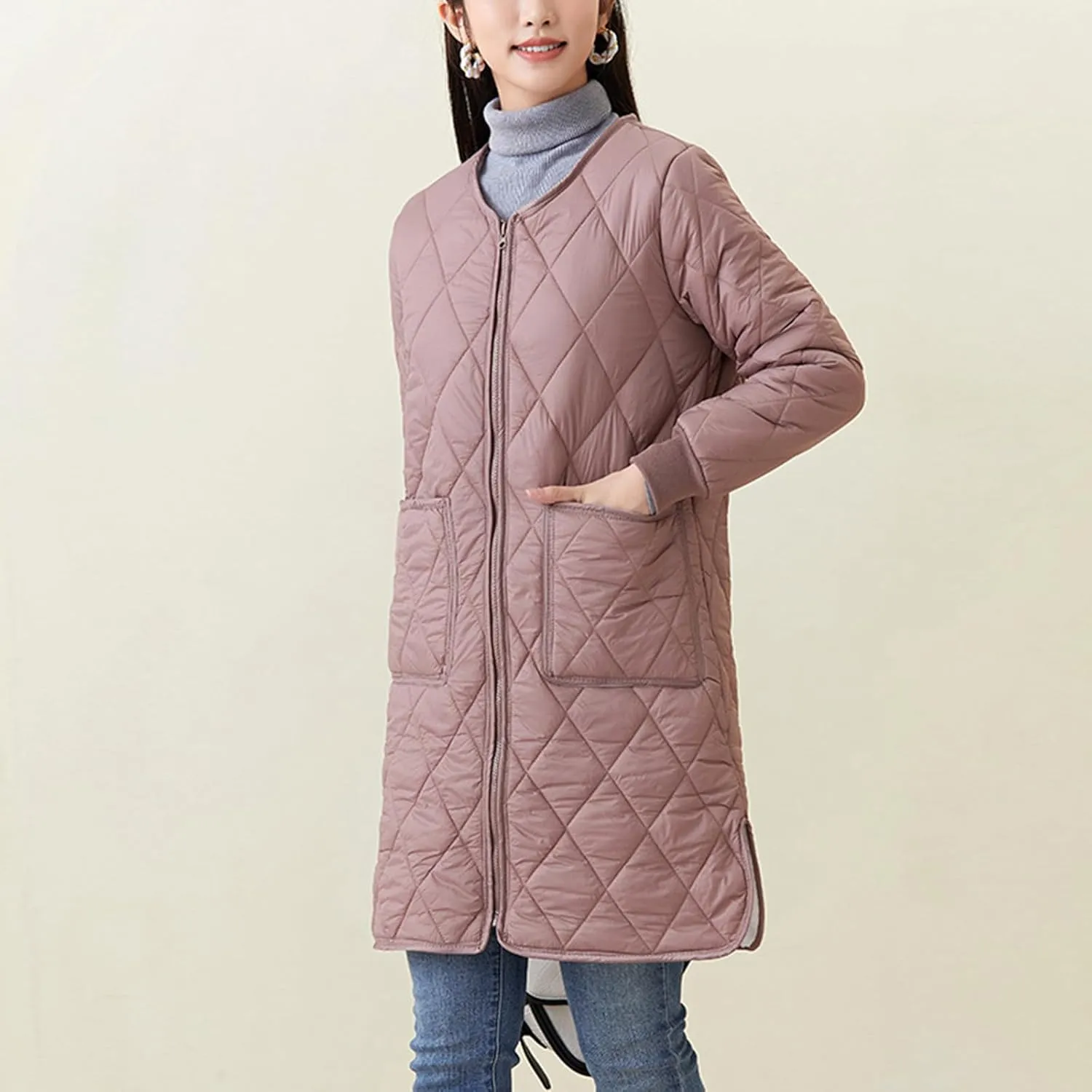 Womens Lightweight Quilted Jacket Winter Warm Fleece Mid-Length Cotton Padded Puffer Coats Collarless Split Hem Outwear