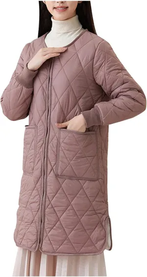 Womens Lightweight Quilted Jacket Winter Warm Fleece Mid-Length Cotton Padded Puffer Coats Collarless Split Hem Outwear