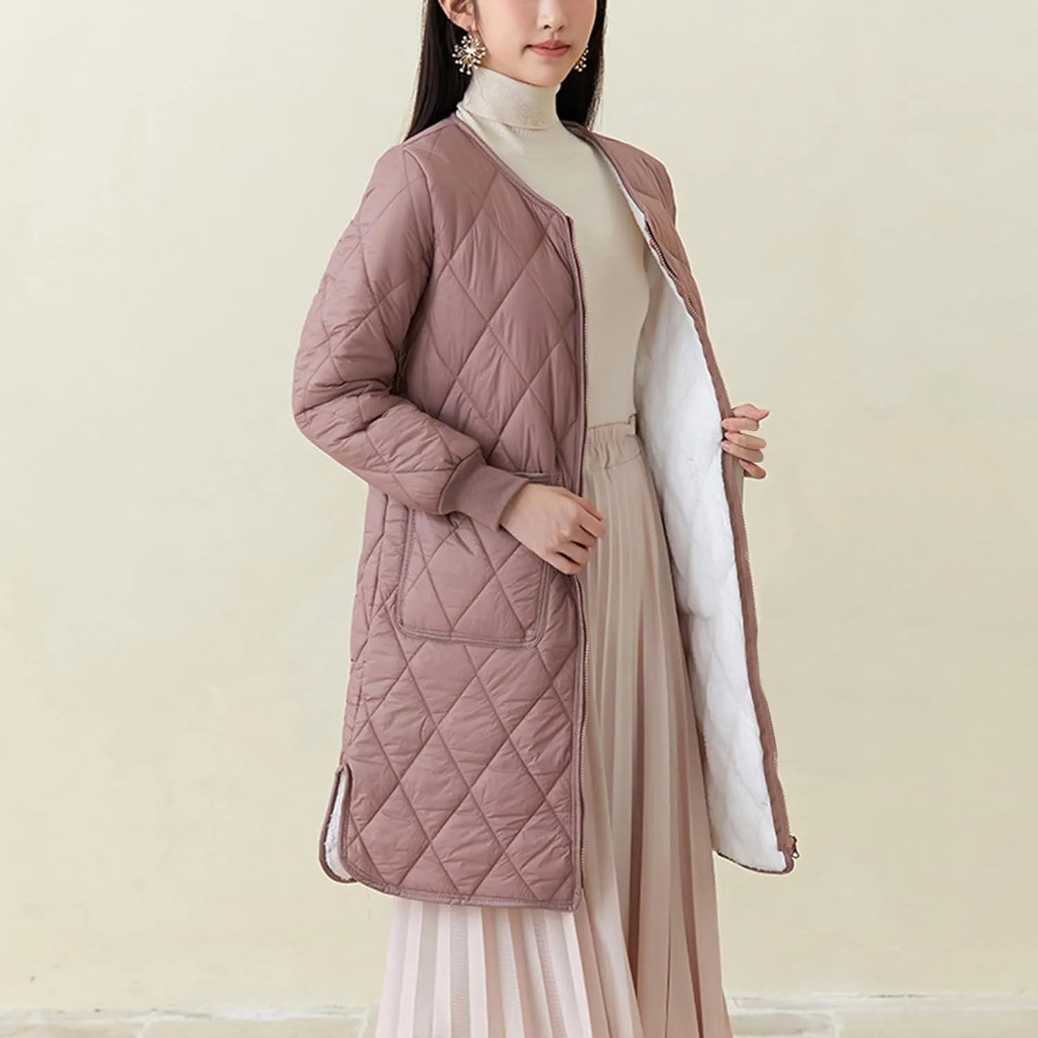 Womens Lightweight Quilted Jacket Winter Warm Fleece Mid-Length Cotton Padded Puffer Coats Collarless Split Hem Outwear