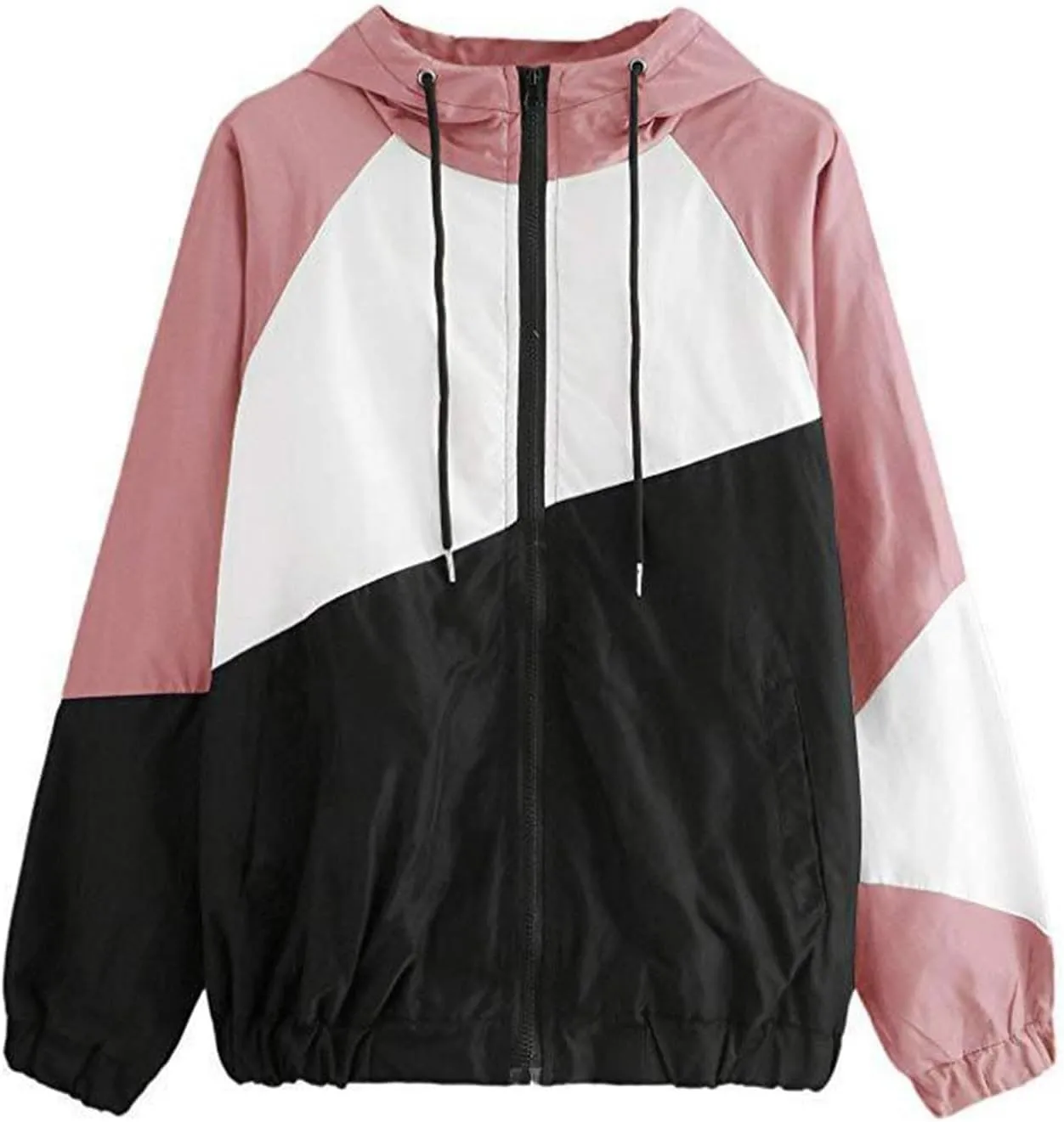Womens Lightweight Windbreaker Color Block Zip Up Sport Jacket Casual Drawstring Hooded Coat Trendy Jogging Outerwear