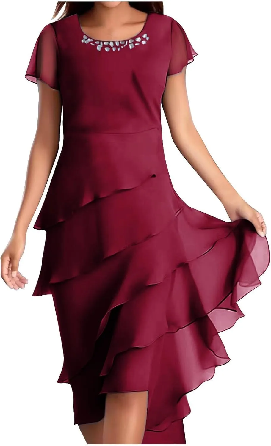 Women's Long Mother of The Bride Dresses for Wedding Chiffon Short Sleeve Crew Neck Tiered Formal Evening Dress 2025