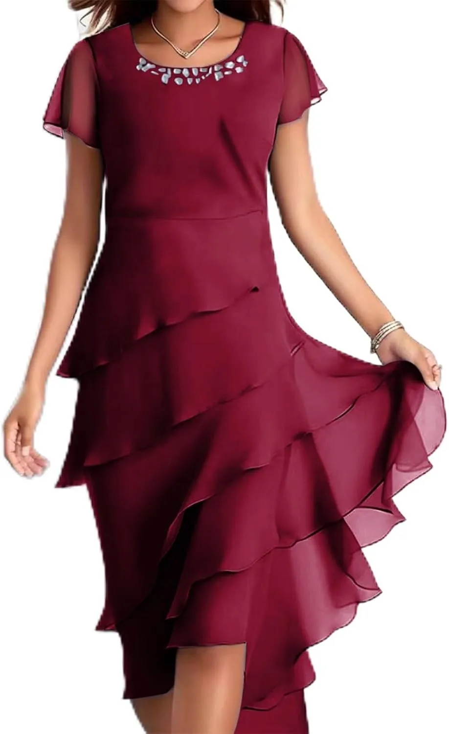Women's Long Mother of The Bride Dresses for Wedding Chiffon Short Sleeve Crew Neck Tiered Formal Evening Dress 2025