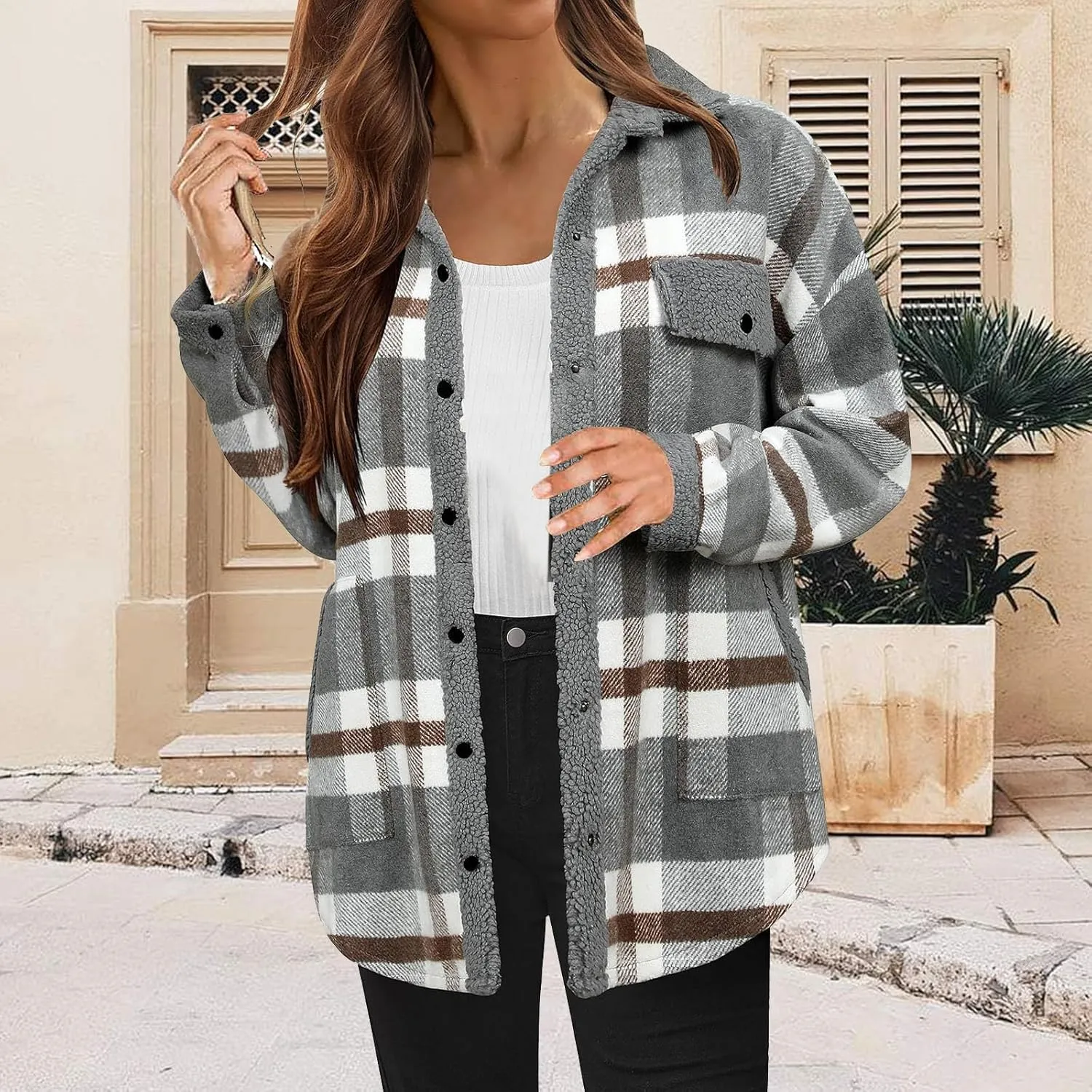 Womens Long Sleeve Plaid Jacket Flannel Lapel Button Down Fuzzy Shacket Jacket Casual Lapel Fleece Coats Fall Outfits