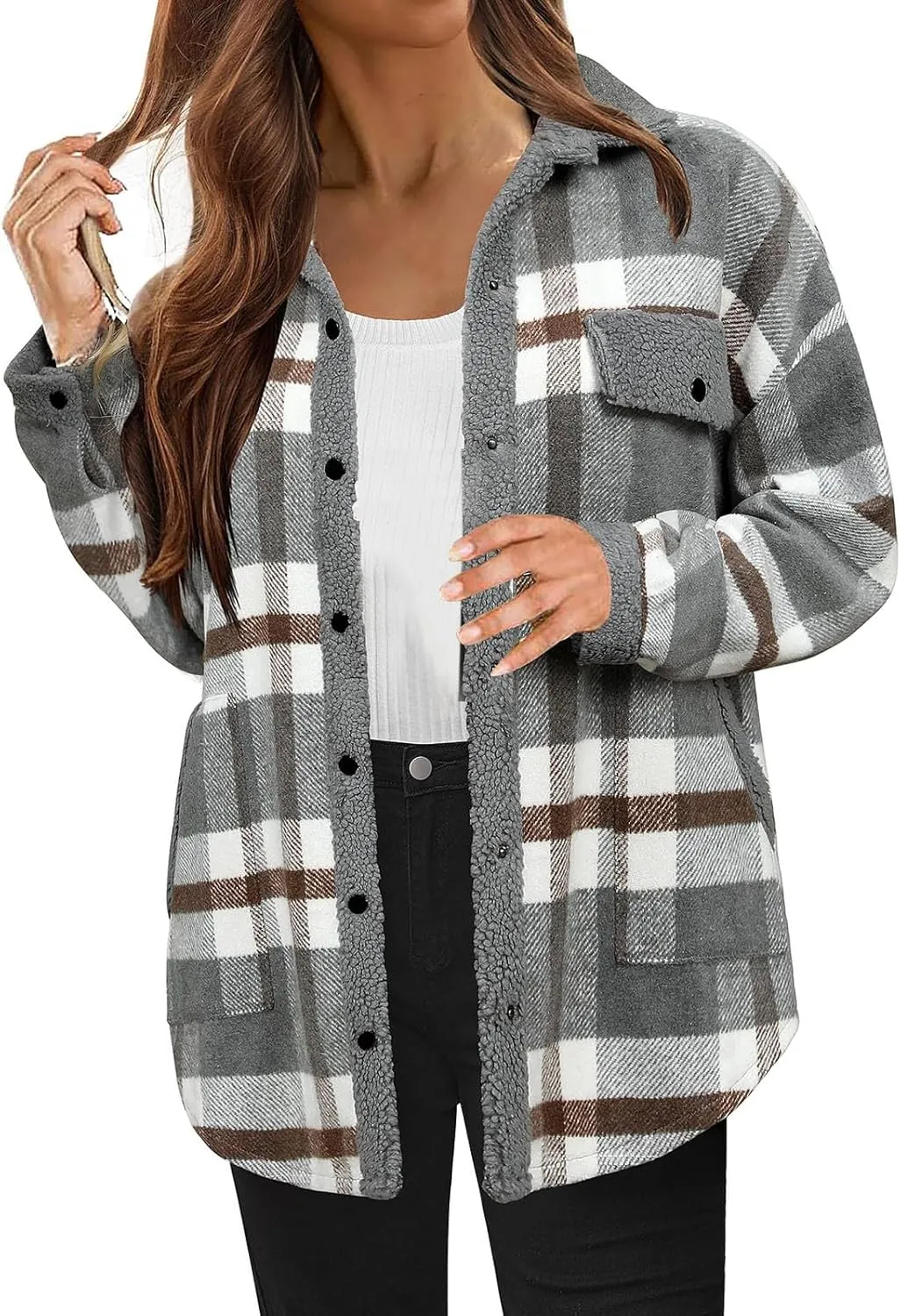 Womens Long Sleeve Plaid Jacket Flannel Lapel Button Down Fuzzy Shacket Jacket Casual Lapel Fleece Coats Fall Outfits