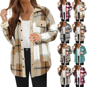 Womens Long Sleeve Plaid Jacket Flannel Lapel Button Down Fuzzy Shacket Jacket Casual Lapel Fleece Coats Fall Outfits
