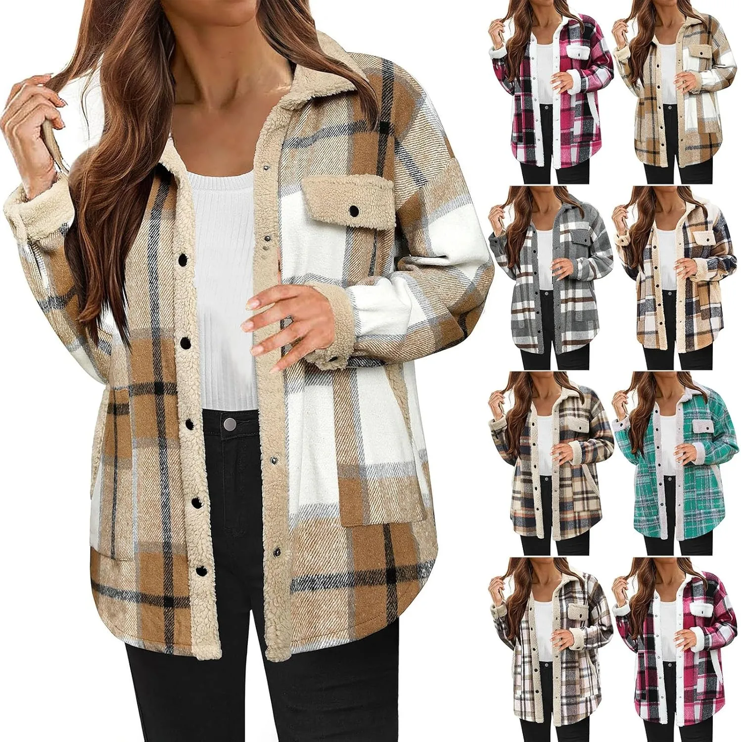 Womens Long Sleeve Plaid Jacket Flannel Lapel Button Down Fuzzy Shacket Jacket Casual Lapel Fleece Coats Fall Outfits