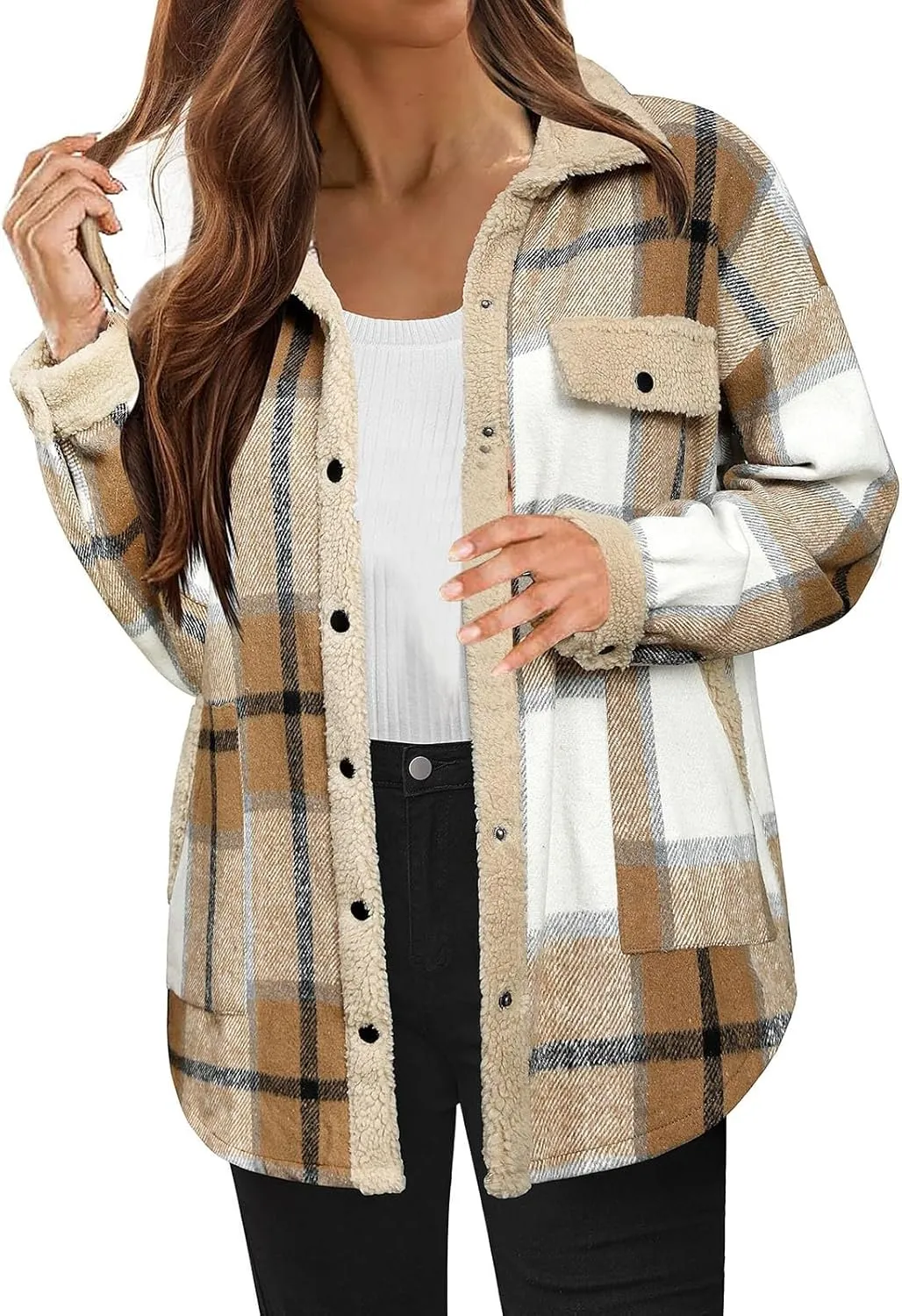 Womens Long Sleeve Plaid Jacket Flannel Lapel Button Down Fuzzy Shacket Jacket Casual Lapel Fleece Coats Fall Outfits