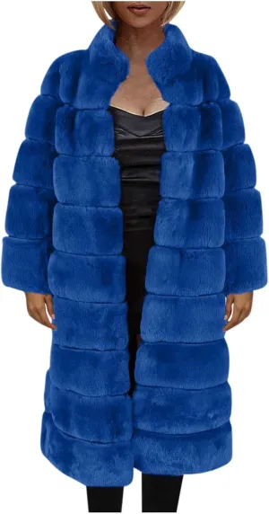 Womens Luxury Faux Fur Coats Winter Long Cardigan Vintage Fuzzy Warm Jacket Oversized Soft Solid Open Front Overcoat