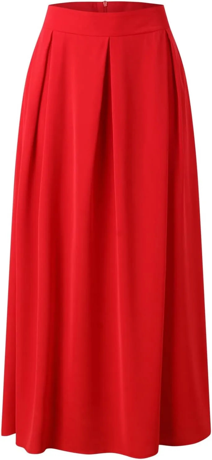Womens Maxi Skirt A-line High Waist Swing Pleated Boho Summer Vacation Beach Flowy Elegant Long Skirts with Pockets