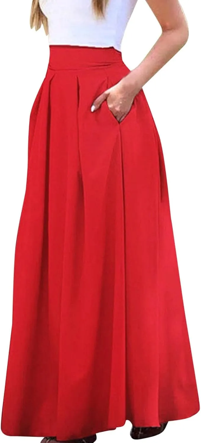 Womens Maxi Skirt A-line High Waist Swing Pleated Boho Summer Vacation Beach Flowy Elegant Long Skirts with Pockets