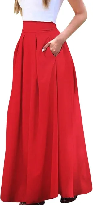 Womens Maxi Skirt A-line High Waist Swing Pleated Boho Summer Vacation Beach Flowy Elegant Long Skirts with Pockets