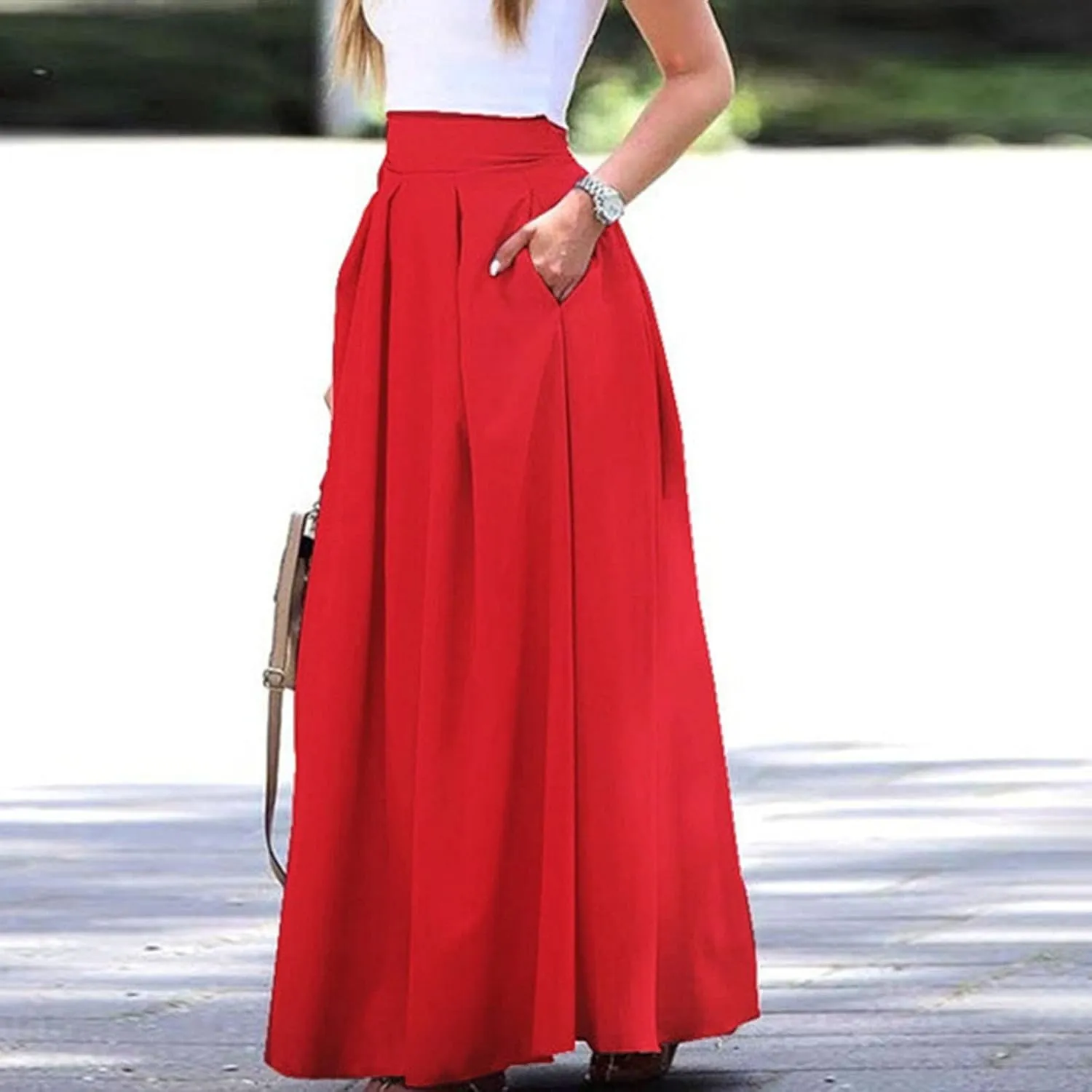 Womens Maxi Skirt A-line High Waist Swing Pleated Boho Summer Vacation Beach Flowy Elegant Long Skirts with Pockets