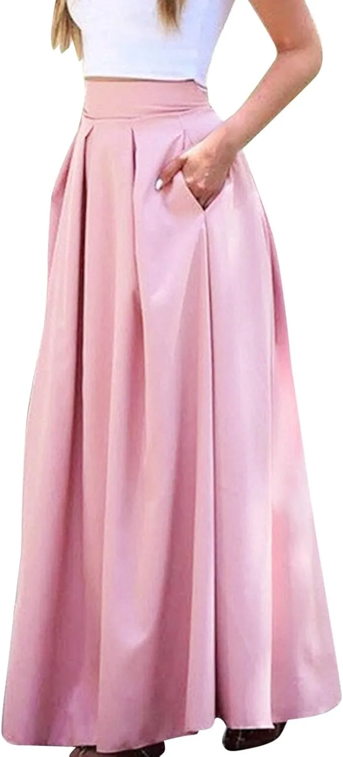 Womens Maxi Skirt A-line High Waist Swing Pleated Boho Summer Vacation Beach Flowy Elegant Long Skirts with Pockets