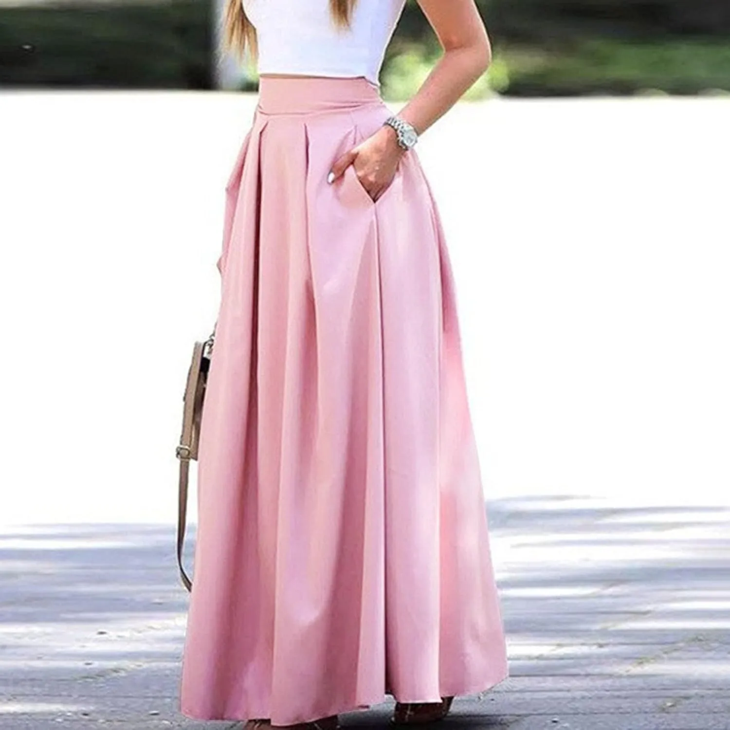 Womens Maxi Skirt A-line High Waist Swing Pleated Boho Summer Vacation Beach Flowy Elegant Long Skirts with Pockets