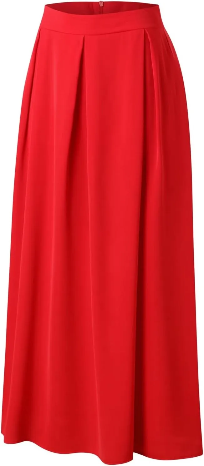 Womens Maxi Skirt A-line High Waist Swing Pleated Boho Summer Vacation Beach Flowy Elegant Long Skirts with Pockets